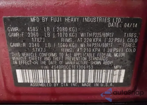 2014 Subaru Outback 2.5I Premium from USA, damaged, VIN 4S4BRBCC1E1306153